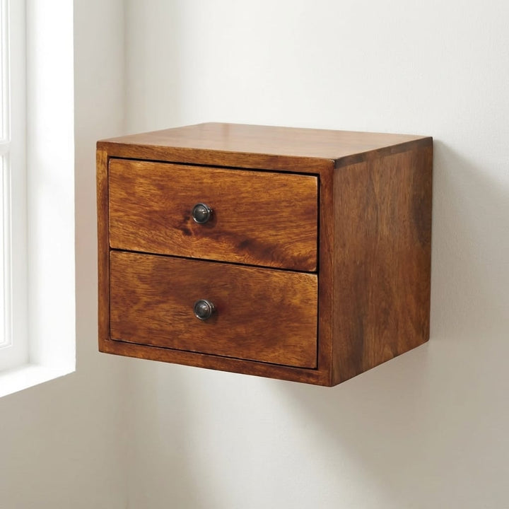 Handcrafted Solis 2-Drawer Chestnut Floating Nightstand - Solid Mango Wood Bedside Table for Bedroom - main view showing...
