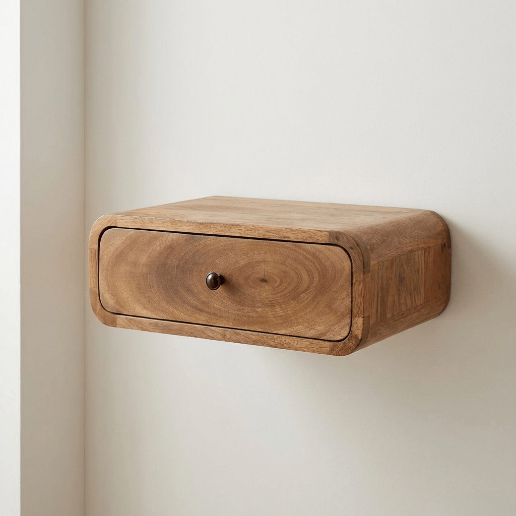 Handcrafted Wall-Mounted Oak-ish 1 Drawer Nightstand - Solid Mango Wood Bedside Table for Bedroom - main view showing...