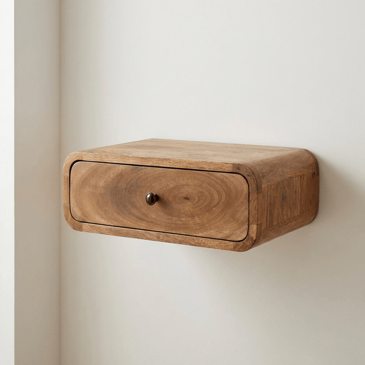 Handcrafted Wall-Mounted Oak-ish 1 Drawer Nightstand - Solid Mango Wood Bedside Table for Bedroom - main view showing...