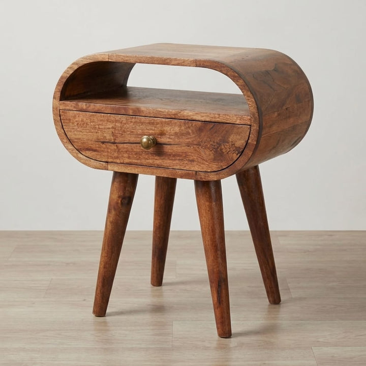 Honey Caramel Circular Nightstand - Solid Mango Wood Bedside Table for Bedroom - main view showing handcrafted solid...