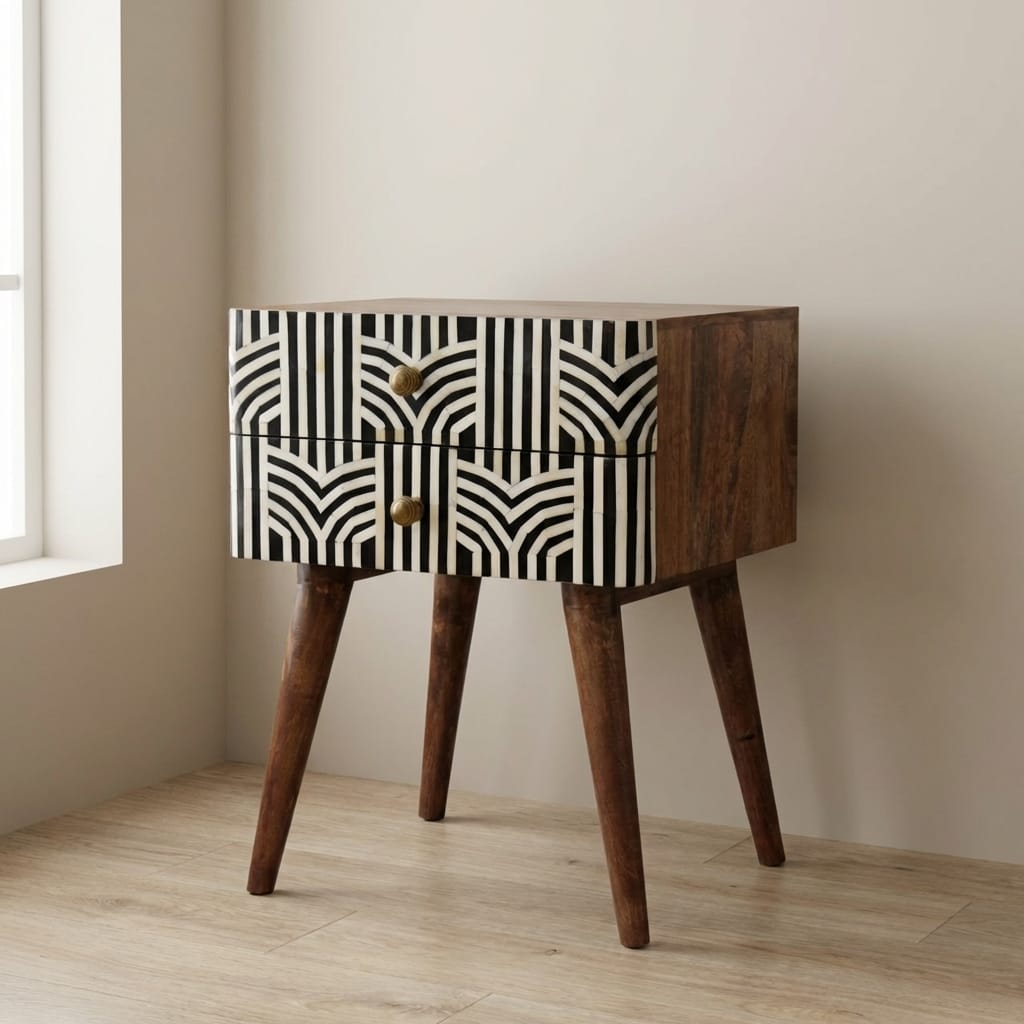 Honey Caramel Edessa Bone Inlay Nightstand - Solid Mango Wood Bedside Table for Bedroom - main view showing handcrafted...