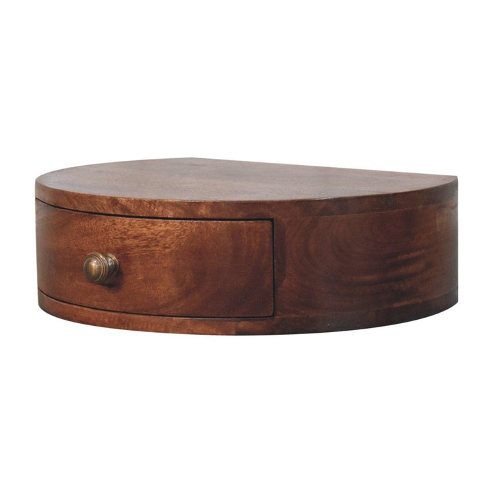 Honey Caramel Wall Mounted Rounded Nightstand - Solid Mango Wood Bedside Table for Bedroom - product view 2 showing...
