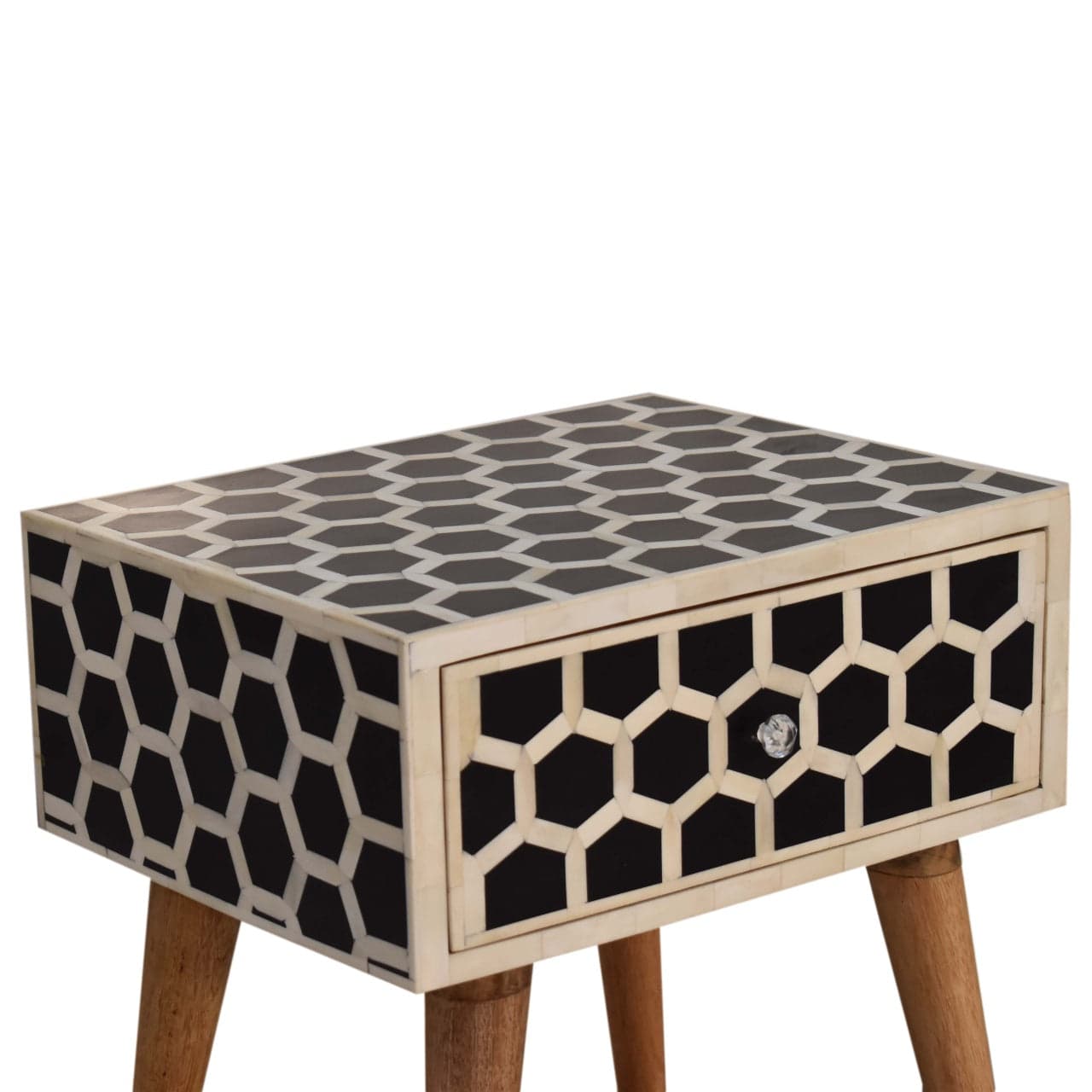 Honeycomb Bone Inlay Nightstand - Solid Mango Wood Bedside Table for Bedroom - product view 4 showing handcrafted solid...