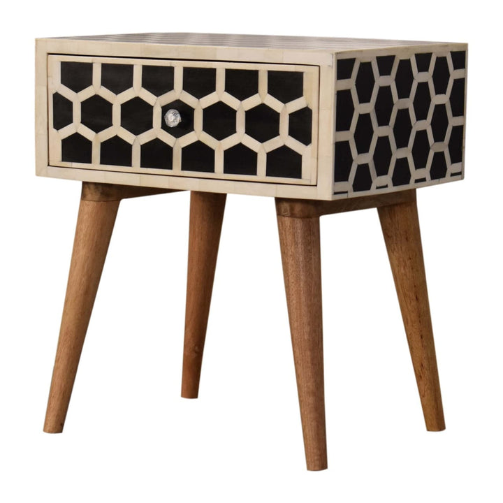 Honeycomb Bone Inlay Nightstand - Solid Mango Wood Bedside Table for Bedroom - product view 3 showing handcrafted solid...
