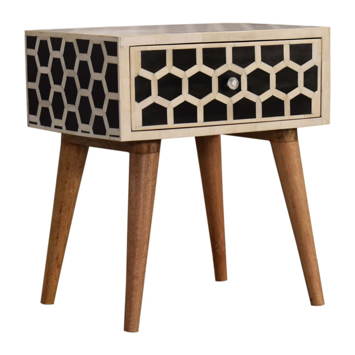 Honeycomb Bone Inlay Nightstand - Solid Mango Wood Bedside Table for Bedroom - product view 2 showing handcrafted solid...