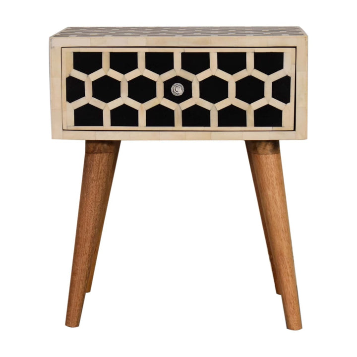 Honeycomb Bone Inlay Nightstand - Solid Mango Wood Bedside Table for Bedroom - main view showing handcrafted solid mango...
