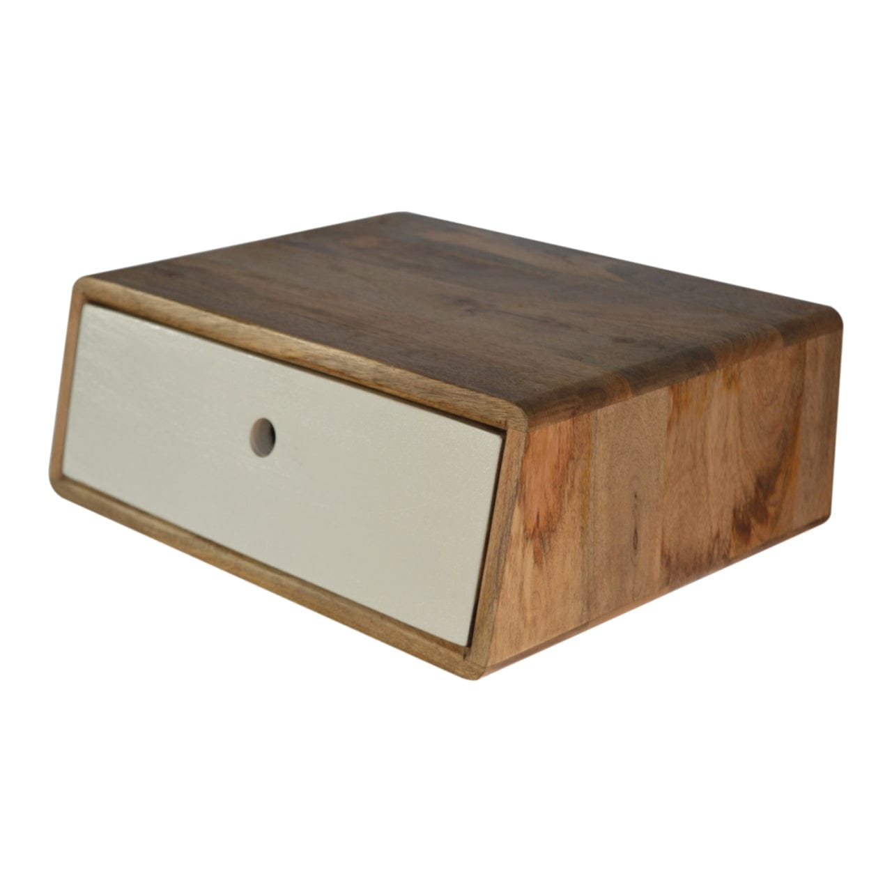 Inclined Floating Nightstand - Solid Mango Wood Bedside Table for Bedroom - product view 2 showing handcrafted solid...
