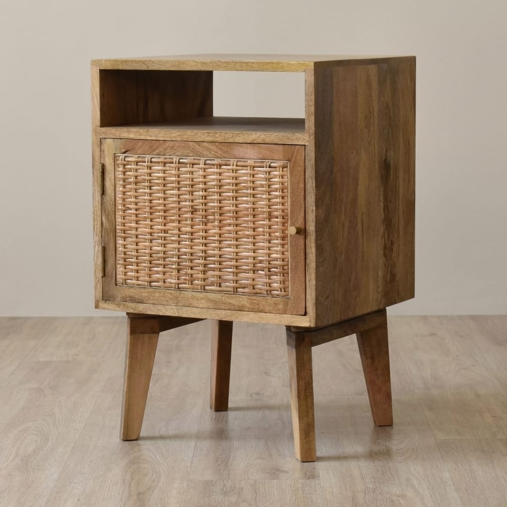Knit Door Nightstand - Solid Mango Wood Bedside Table for Bedroom - main view showing handcrafted solid mango wood nightstand