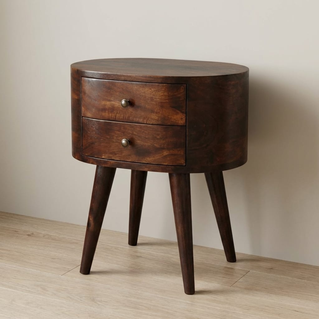 Light Walnut Rounded Nightstand - Solid Mango Wood Bedside Table for Bedroom - main view showing handcrafted solid mango...