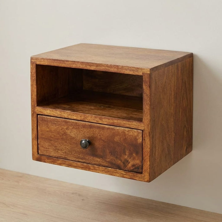 Mid-Century Modern 1-Drawer Chestnut Floating Nightstand - Solid Mango Wood Bedside Table for Bedroom - main view showing...