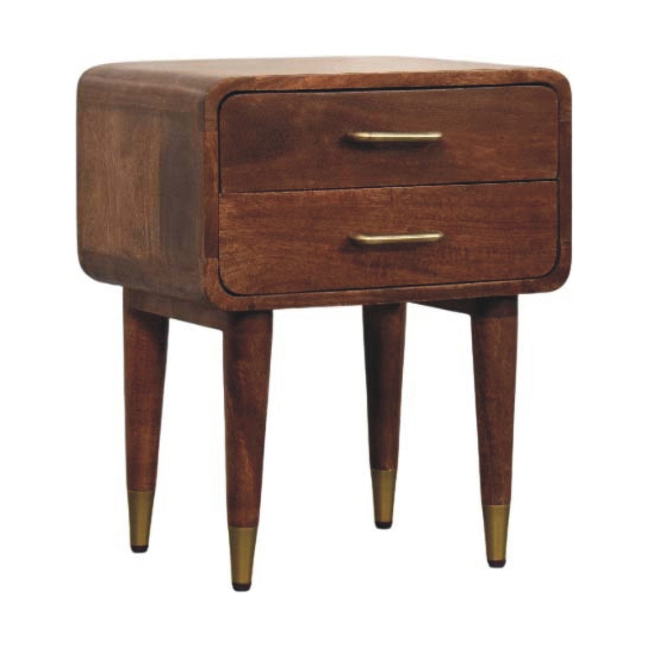 Mid-Century Modern 2-Drawer Nightstand - Solid Mango Wood Bedside Table for Bedroom - product view 3 showing handcrafted...