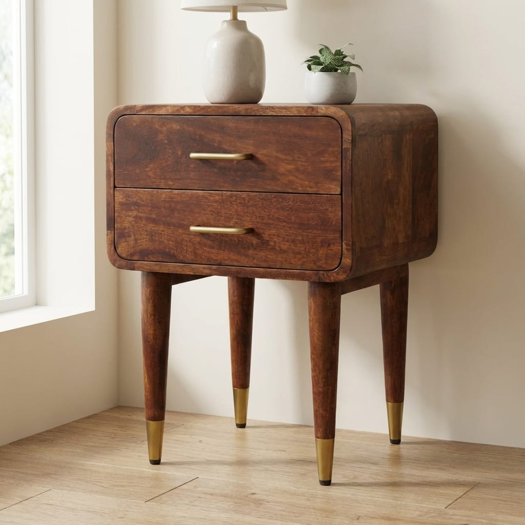 Mid-Century Modern 2-Drawer Nightstand - Solid Mango Wood Bedside Table for Bedroom - main view showing handcrafted solid...