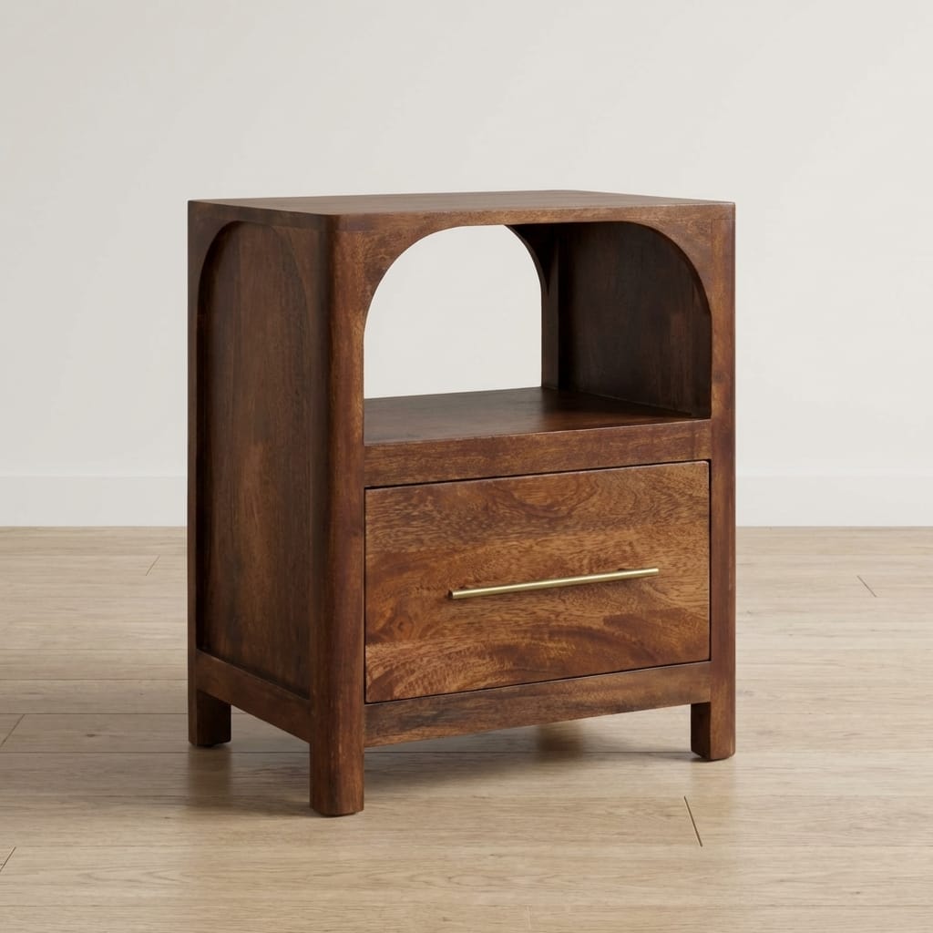 Mid-Century Modern Arc-Line Nightstand - Solid Mango Wood Bedside Table for Bedroom - main view showing handcrafted solid...