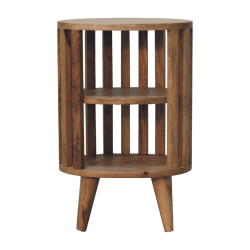Ariella Double Shelf Oak-ish Nightstand - Solid Mango Wood Bedside Table for Bedroom - product view 9 showing handcrafted...