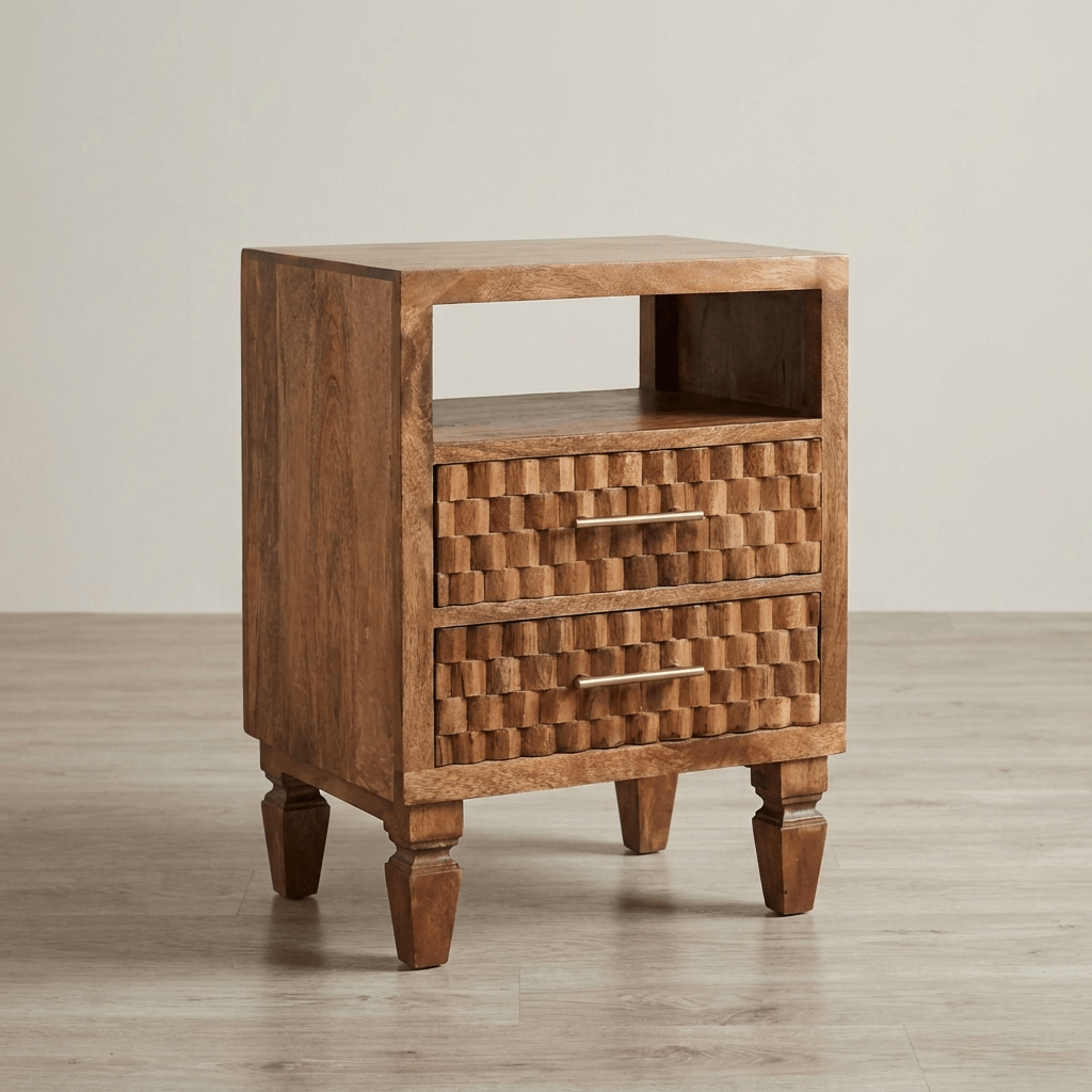 Mid-Century Modern Arno Nightstand - Solid Mango Wood Bedside Table for Bedroom - main view showing handcrafted solid...