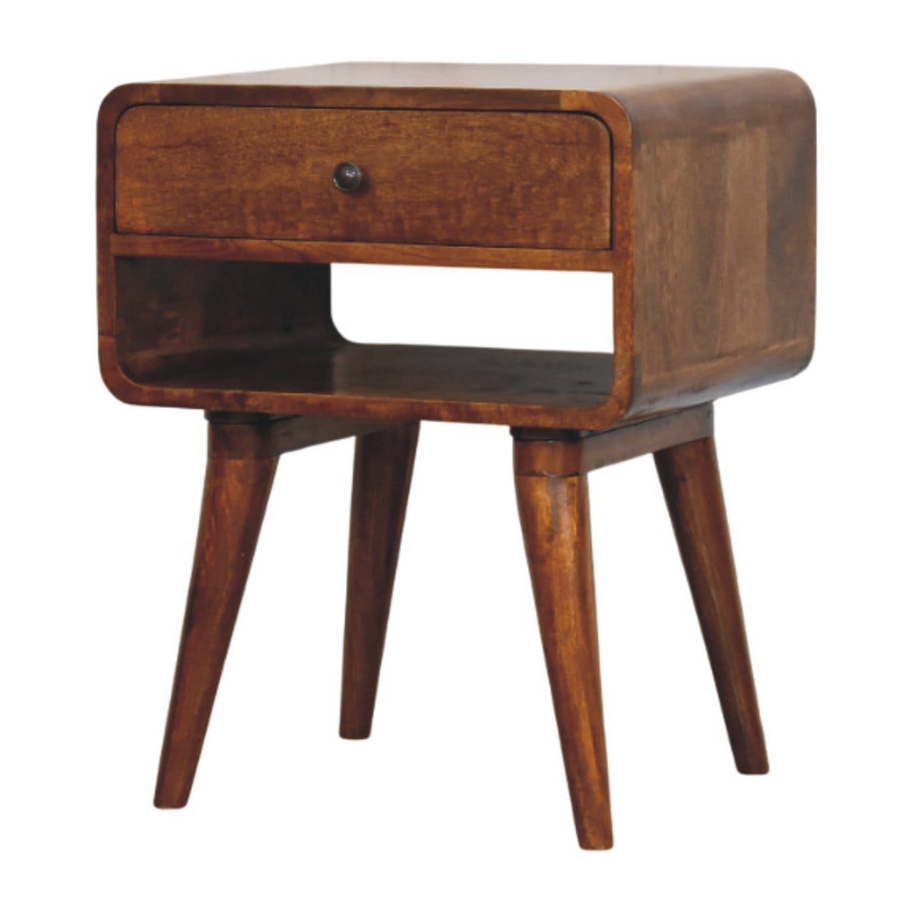 Mid-Century Modern Avora Chestnut Nightstand - Solid Mango Wood Bedside Table for Bedroom - product view 2 showing...