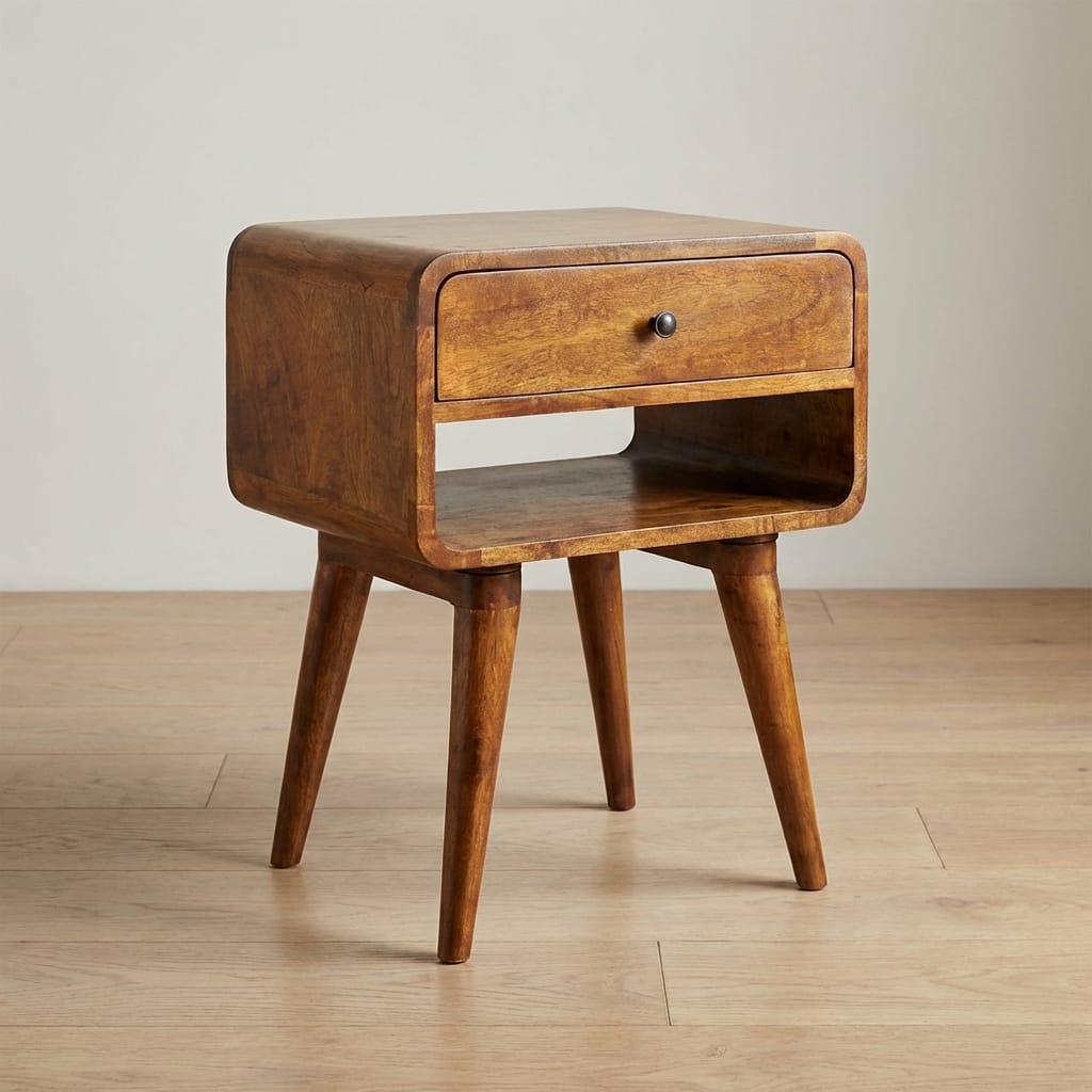 Mid-Century Modern Avora Chestnut Nightstand - Solid Mango Wood Bedside Table for Bedroom - main view showing handcrafted...