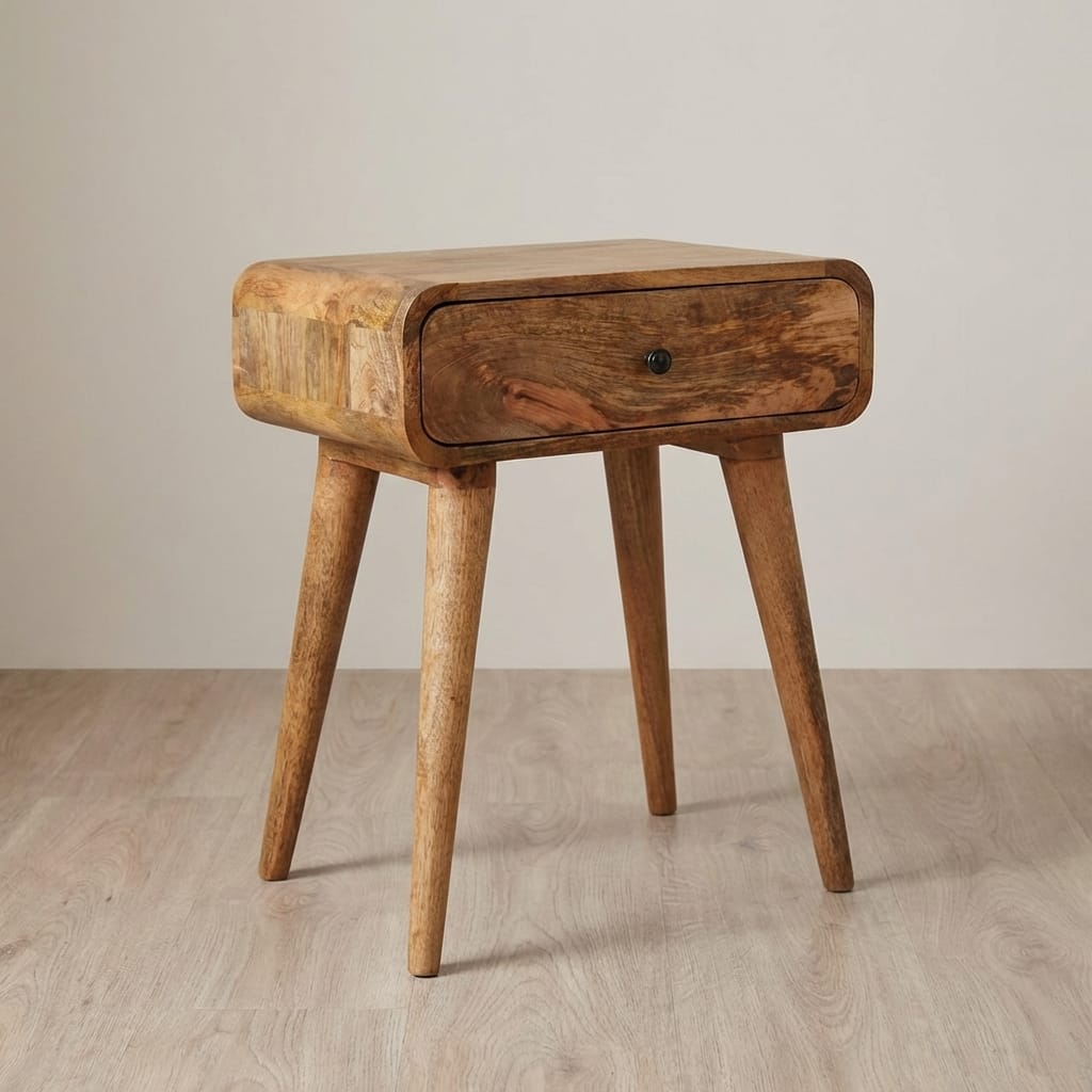 Mid-Century Modern Avora Oak-ish Nightstand - Solid Mango Wood Bedside Table for Bedroom - main view showing handcrafted...