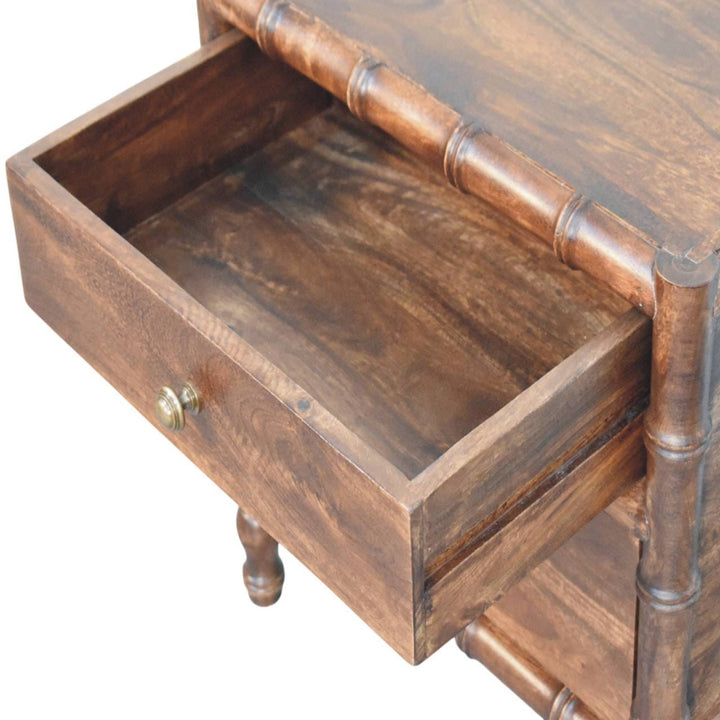 Farmhouse Bamboo Frame Nightstand - Solid Mango Wood Bedside Table for Bedroom - product view 6 showing handcrafted solid...