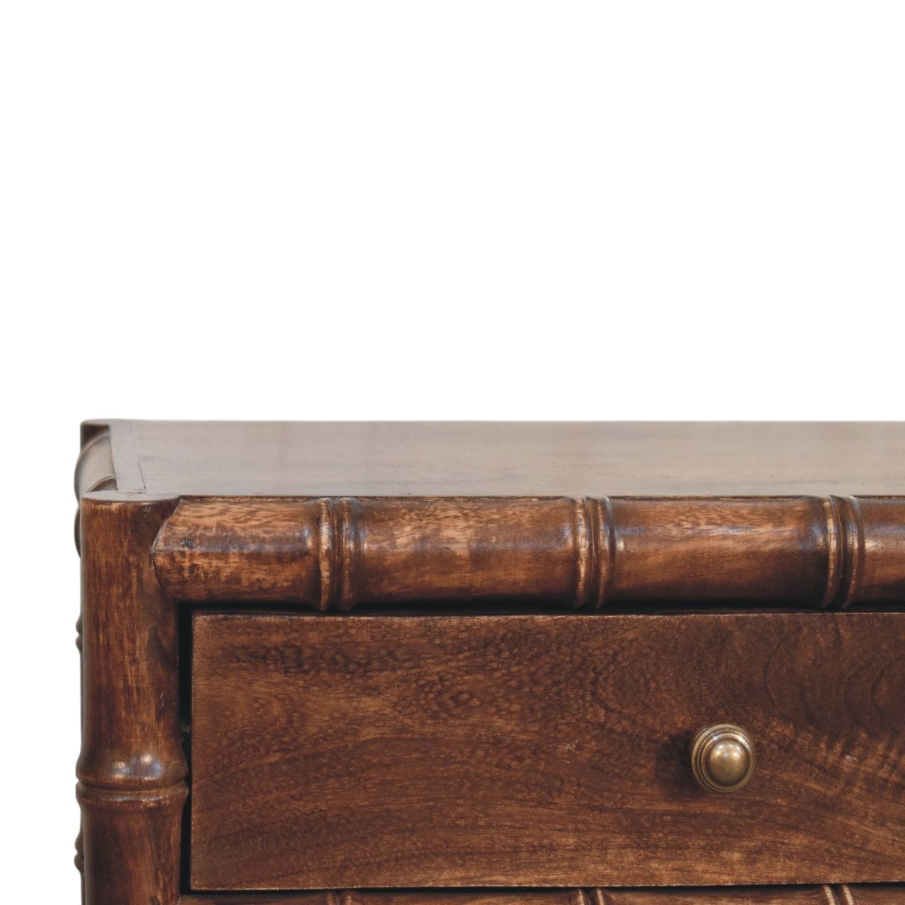 Farmhouse Bamboo Frame Nightstand - Solid Mango Wood Bedside Table for Bedroom - product view 4 showing handcrafted solid...