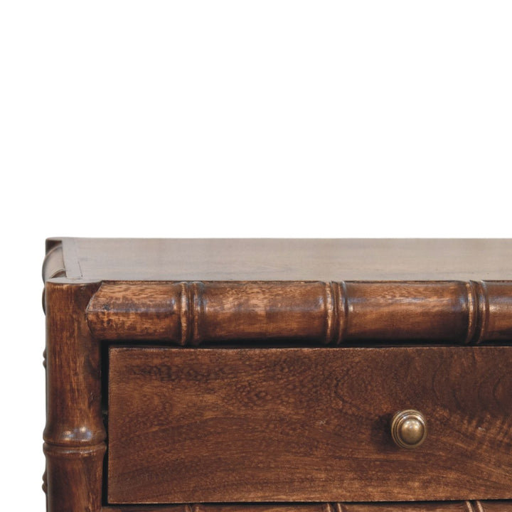 Farmhouse Bamboo Frame Nightstand - Solid Mango Wood Bedside Table for Bedroom - product view 4 showing handcrafted solid...