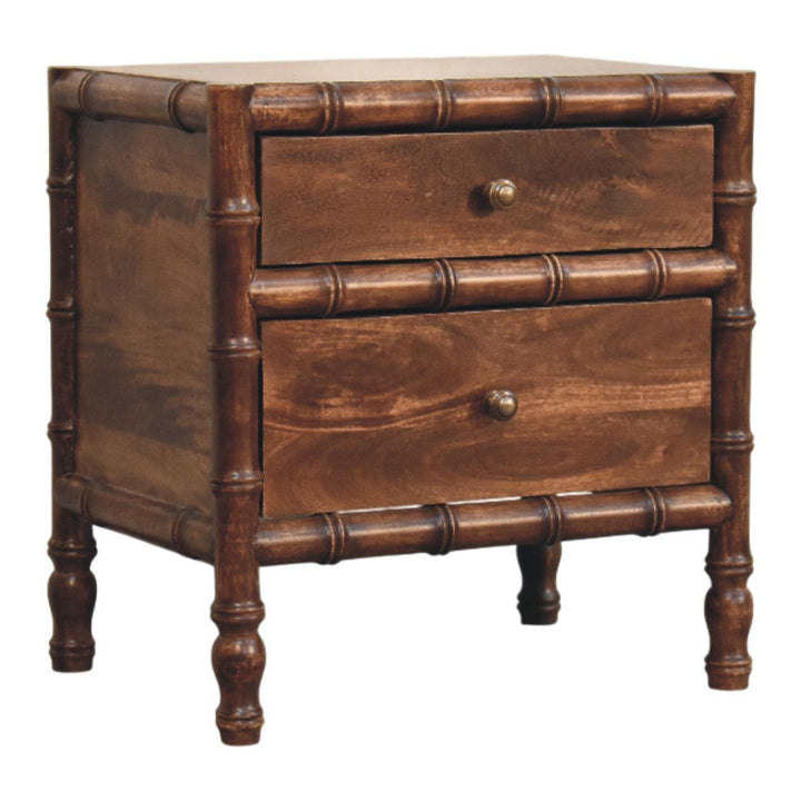 Farmhouse Bamboo Frame Nightstand - Solid Mango Wood Bedside Table for Bedroom - product view 3 showing handcrafted solid...