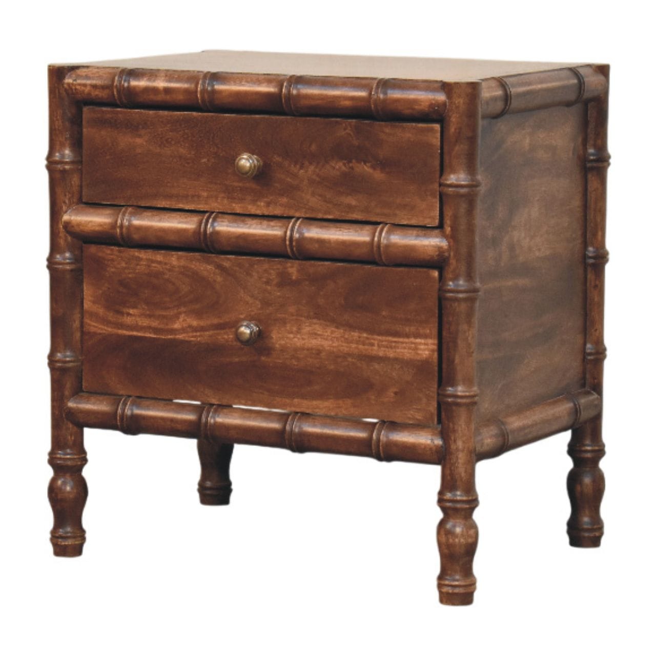 Farmhouse Bamboo Frame Nightstand - Solid Mango Wood Bedside Table for Bedroom - product view 2 showing handcrafted solid...