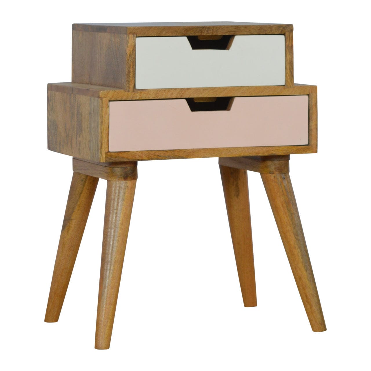 Mid-Century Modern Blush Pink and White Multi Nightstand - Solid Mango Wood Bedside Table for Bedroom - main view showing...