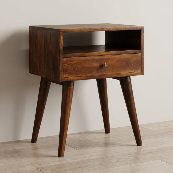 Mid-Century Modern Chestnut Solid Wood Nightstand - Solid Mango Wood Bedside Table for Bedroom - main view showing...