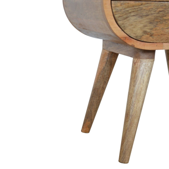 Mid-Century Modern Circular Nightstand - Solid Mango Wood Bedside Table for Bedroom - product view 6 showing handcrafted...