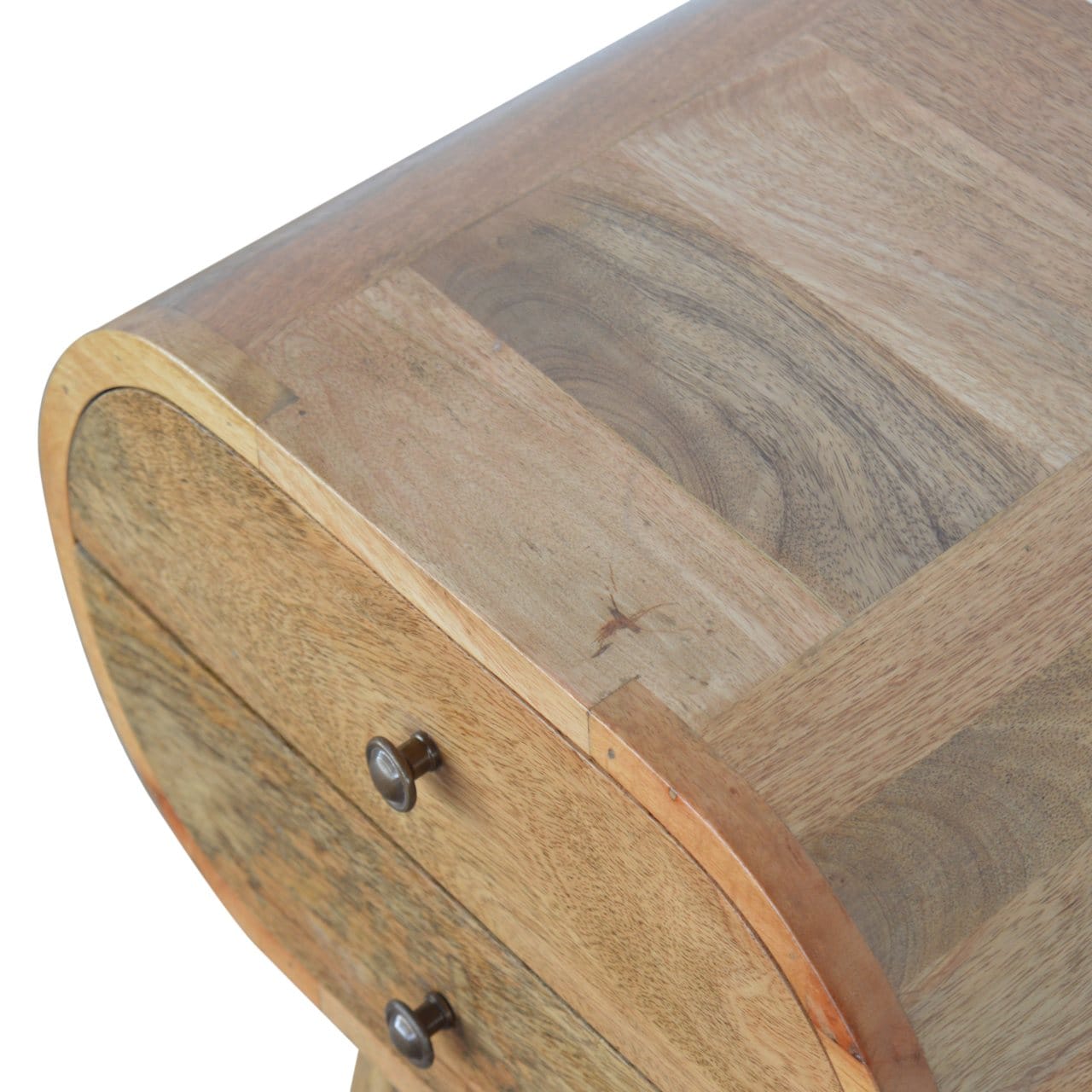 Mid-Century Modern Circular Nightstand - Solid Mango Wood Bedside Table for Bedroom - product view 5 showing handcrafted...