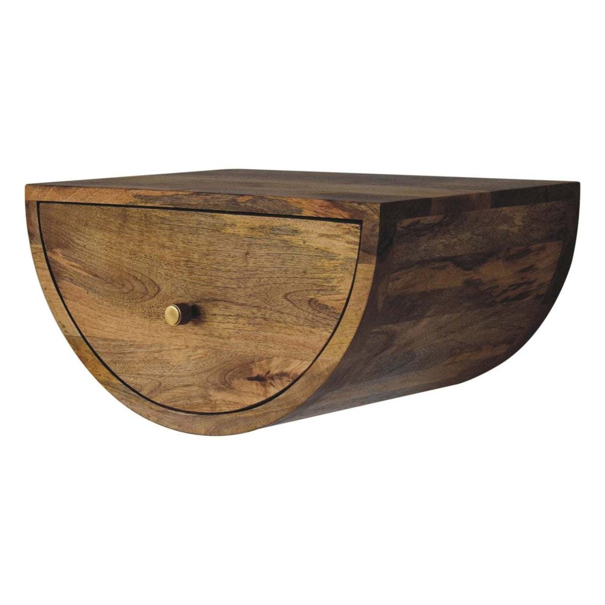 Farmhouse Crescent Floating Nightstand - Solid Mango Wood Bedside Table for Bedroom - product view 3 showing handcrafted...