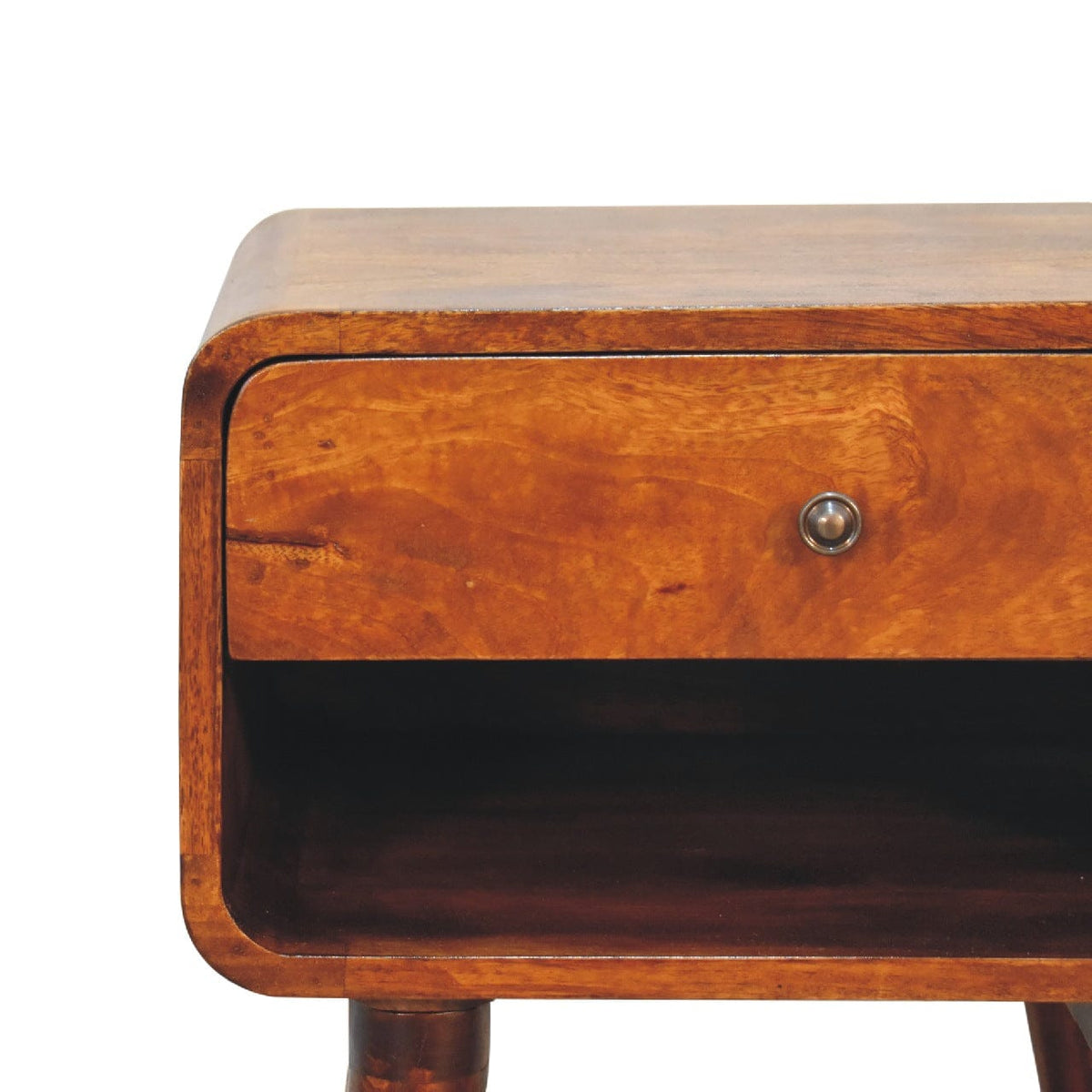 Mid-Century Modern Curve Open Slot Chestnut Nightstand - Solid Mango Wood Bedside Table for Bedroom - product view 4...
