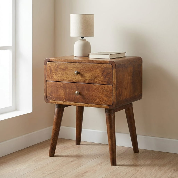 Mid-Century Modern Curved Chestnut Nightstand - Solid Mango Wood Bedside Table for Bedroom - main view showing...