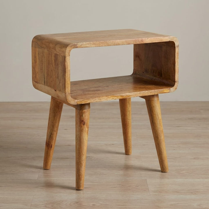 Mid-Century Modern Curved Open Nightstand - Solid Mango Wood Bedside Table for Bedroom - main view showing handcrafted...