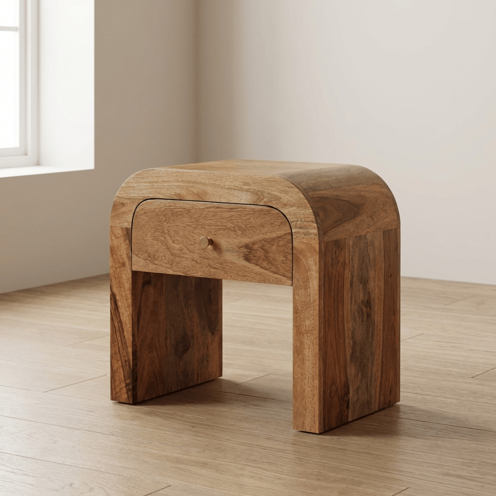 Mid-Century Modern Darcy Nightstand - Solid Mango Wood Bedside Table for Bedroom - main view showing handcrafted solid...