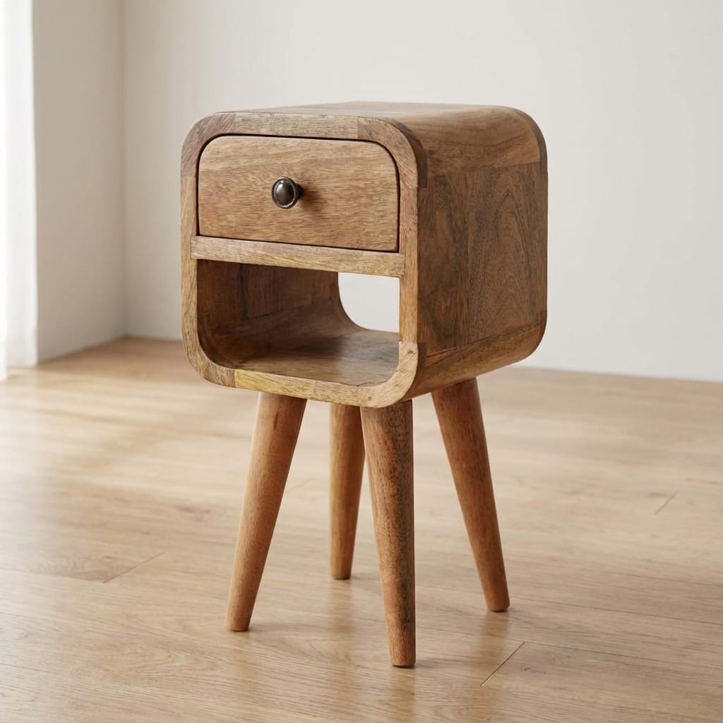 Mid-Century Modern Extra Mini Oak-ish Curve Lower Nightstand - Solid Mango Wood Bedside Table for Bedroom - main view...