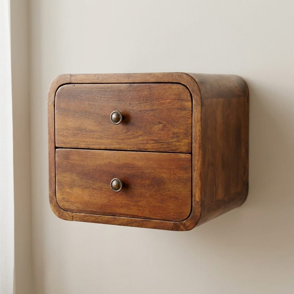 Mid-Century Modern Floating Mini Chestnut Nightstand - Solid Mango Wood Bedside Table for Bedroom - main view showing...
