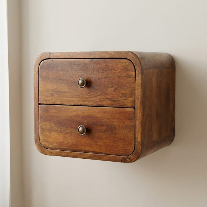 Mid-Century Modern Floating Mini Chestnut Nightstand - Solid Mango Wood Bedside Table for Bedroom - main view showing...