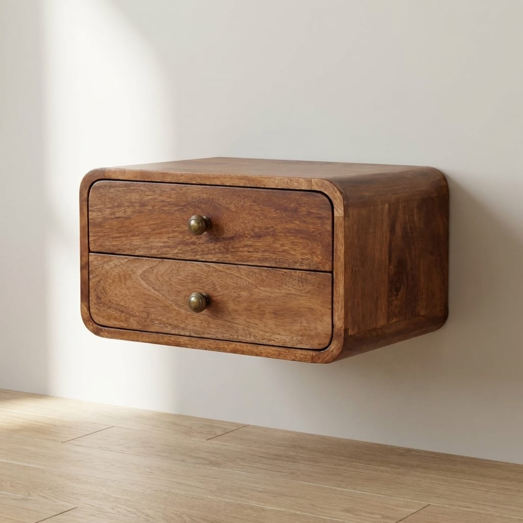 Mid-Century Modern Honey Caramel 2 Drawer Floating Nightstand - Solid Mango Wood Bedside Table for Bedroom - main view...