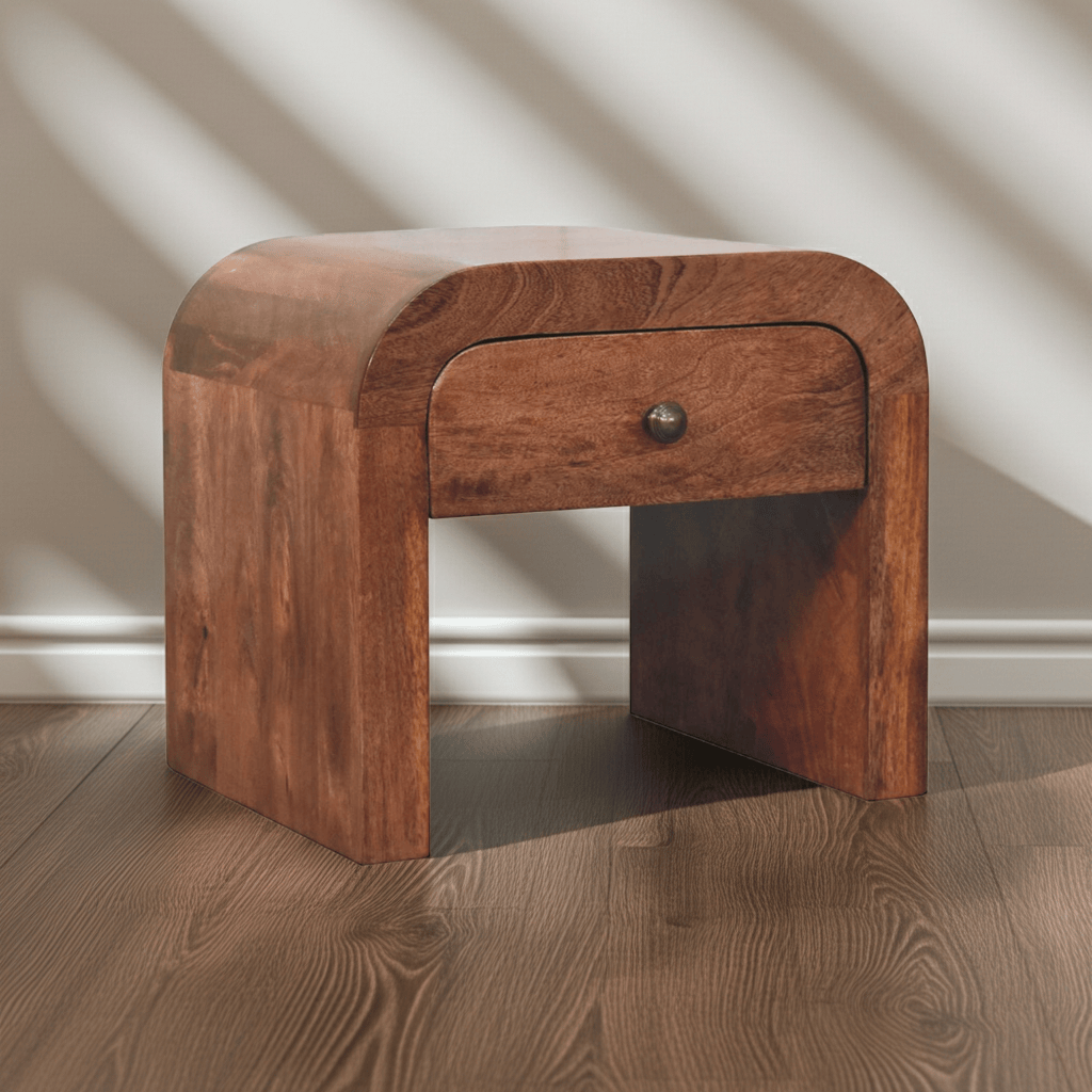 Mid-Century Modern Honey Caramel Darcy Nightstand - Solid Mango Wood Bedside Table for Bedroom - main view showing...
