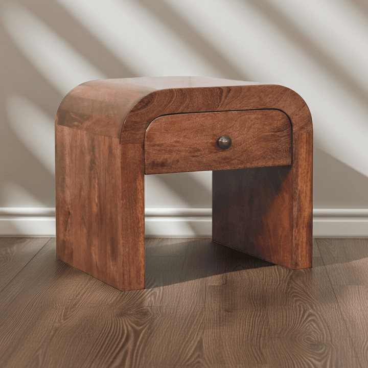 Mid-Century Modern Honey Caramel Darcy Nightstand - Solid Mango Wood Bedside Table for Bedroom - main view showing...