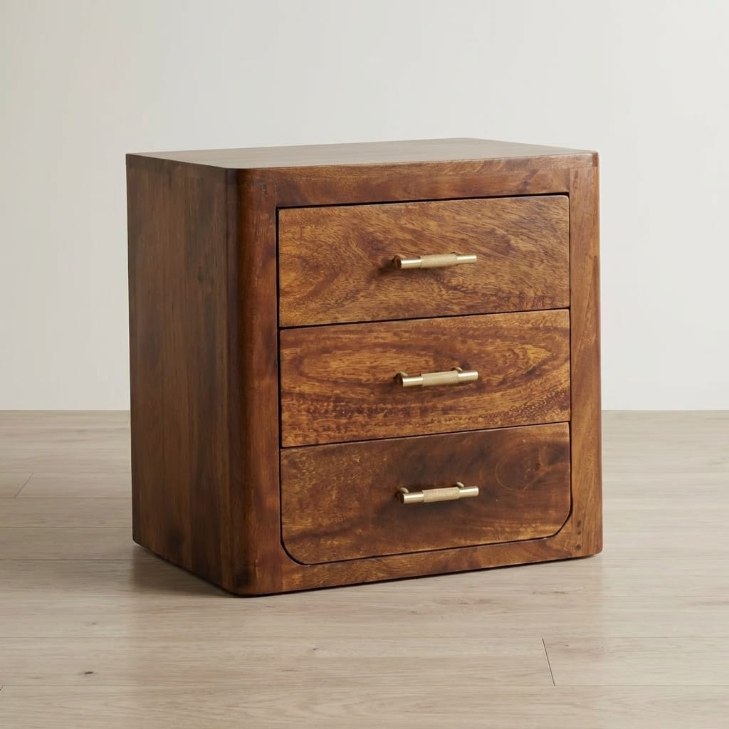 Mid-Century Modern Luca Nightstand - Solid Mango Wood Nightstand with Three Drawers