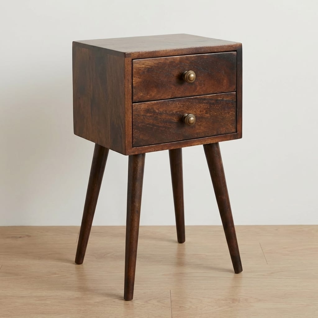 Mid-Century Modern Mini 2 Drawer California Walnut Nightstand - Solid Mango Wood Bedside Table for Bedroom - main view...