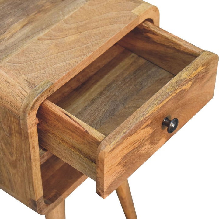 Mid-Century Modern Mini Oak-ish Curve Lower Nightstand - Solid Mango Wood Bedside Table for Bedroom - product view 6...