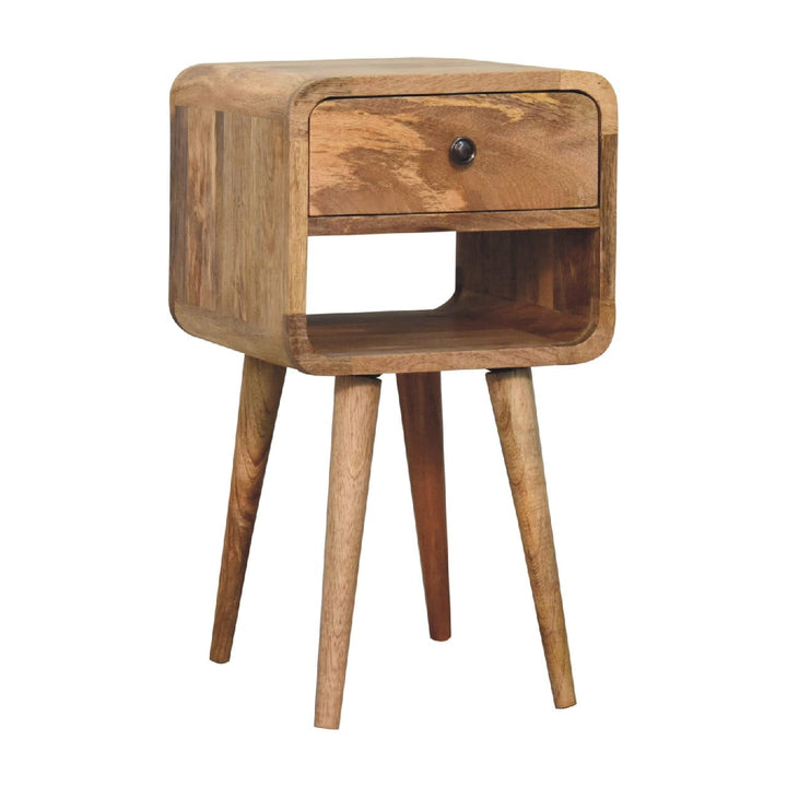 Mid-Century Modern Mini Oak-ish Curve Lower Nightstand - Solid Mango Wood Bedside Table for Bedroom - product view 4...