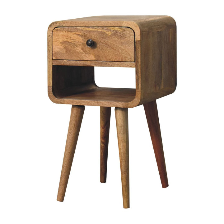 Mid-Century Modern Mini Oak-ish Curve Lower Nightstand - Solid Mango Wood Bedside Table for Bedroom - product view 3...