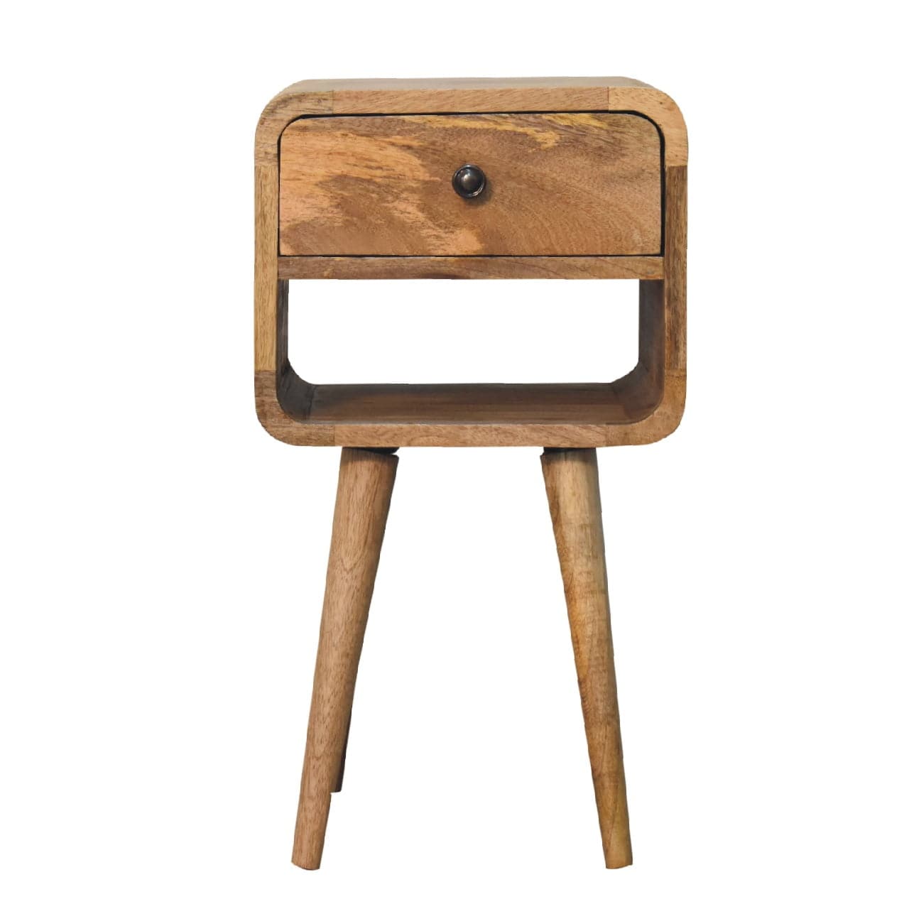 Mid-Century Modern Mini Oak-ish Curve Lower Nightstand - Solid Mango Wood Bedside Table for Bedroom - product view 2...