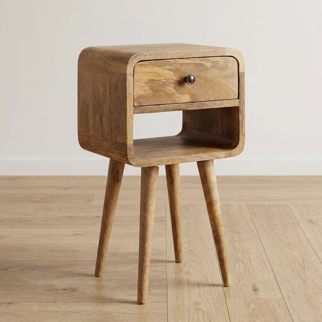 Mid-Century Modern Mini Oak-ish Curve Lower Nightstand - Solid Mango Wood Bedside Table for Bedroom - main view showing...