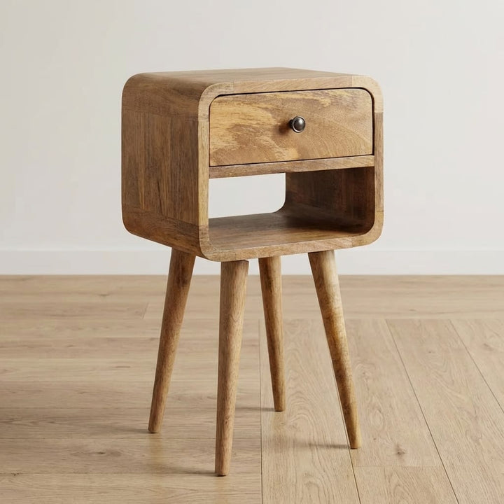 Mid-Century Modern Mini Oak-ish Curve Lower Nightstand - Solid Mango Wood Bedside Table for Bedroom - main view showing...